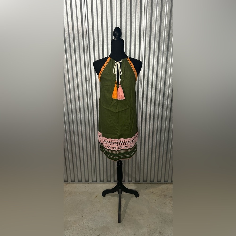 Women’s Raffaela D’Angelo Green Linen Floral Tassel Rope Tunic Dress Size Small - Picture 2 of 7